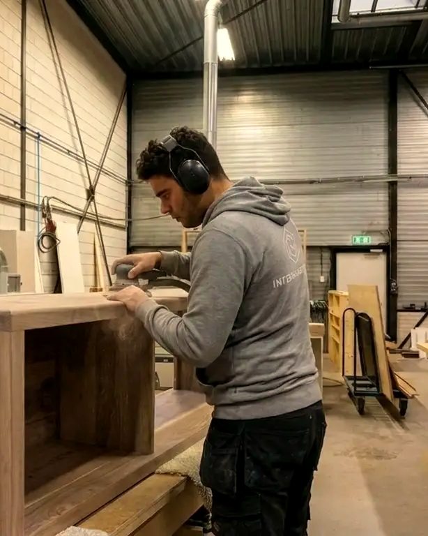 Vakman van Interieurmaker T&T schuurt een meubel in de eigen werkplaats in Hoofddorp