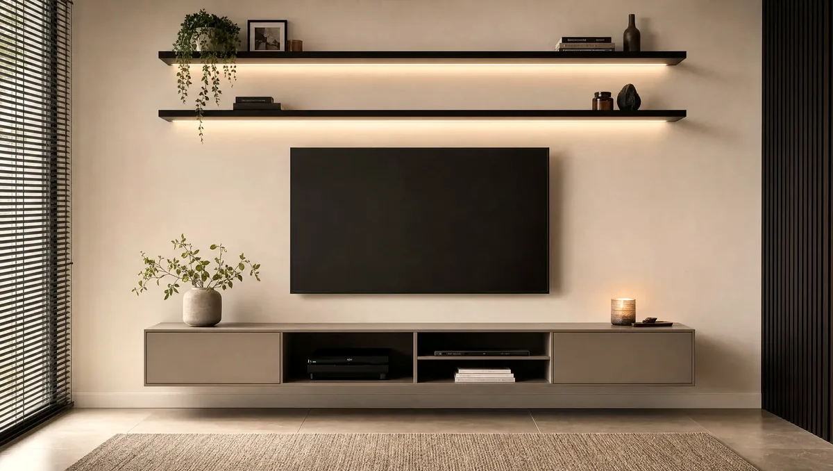 Zwevende tv-wand met planken in Heemstede