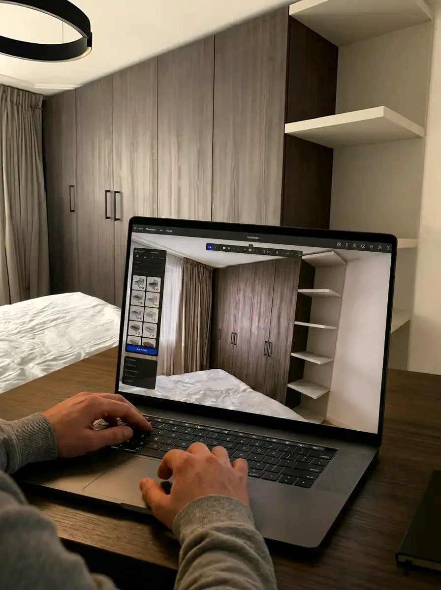 3D-ontwerp van een kast op het scherm, naast het gerealiseerde meubel